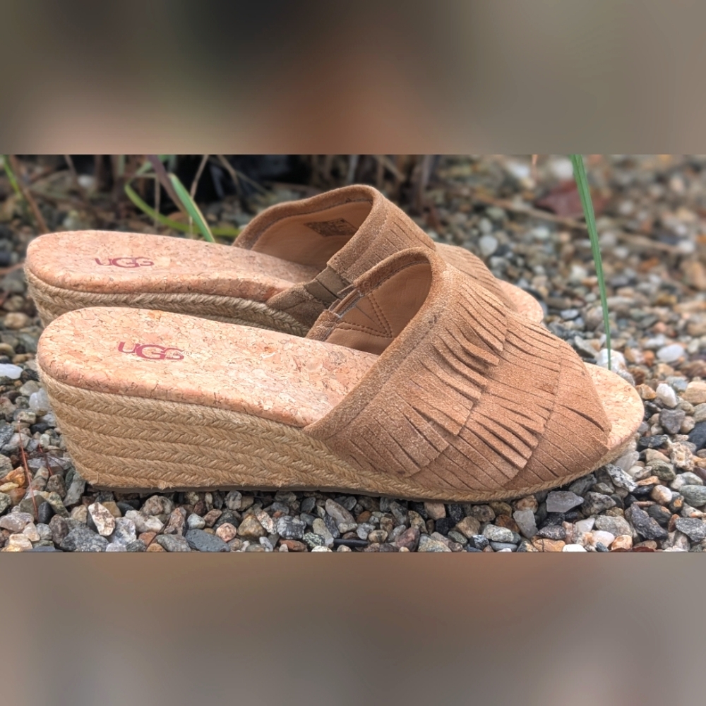 UGG Kendra Size 8 EU 39  Tan Suede Slide Sandals Cork Wedge Rubber Cushion Sole